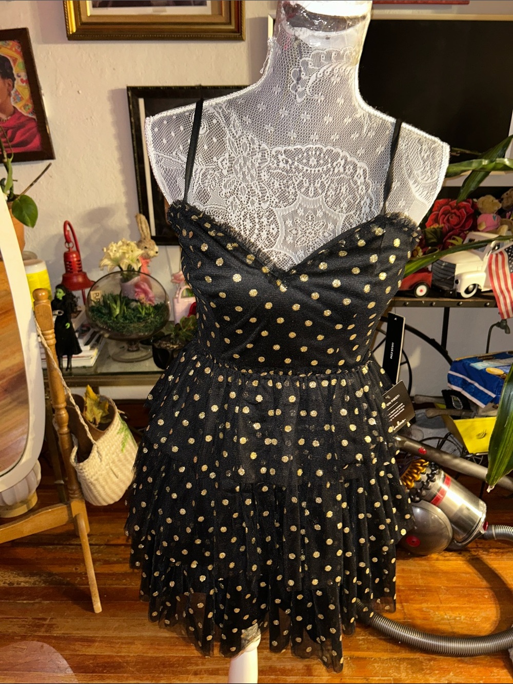 Lulu's Black Mini Dress with Gold Polka Dots